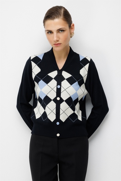 on Women's Square Patterned Ornamental Buttoned Knitwear Sweater Black