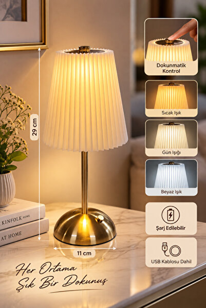MAKRİ HOME Şarjlı Dekoratif Masa Lambası Pileli Desenli Abajur USB Şarjlı Met...