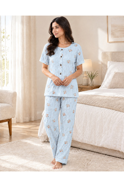 Besan Women's Summer Cotton Floral Embroidery Pajamas - Short Sleeve and Long...