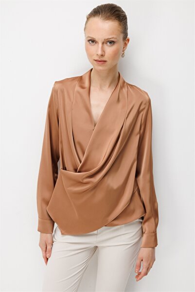 Ekol Women's Double-Breasted Collared Draped Blouse Caramel