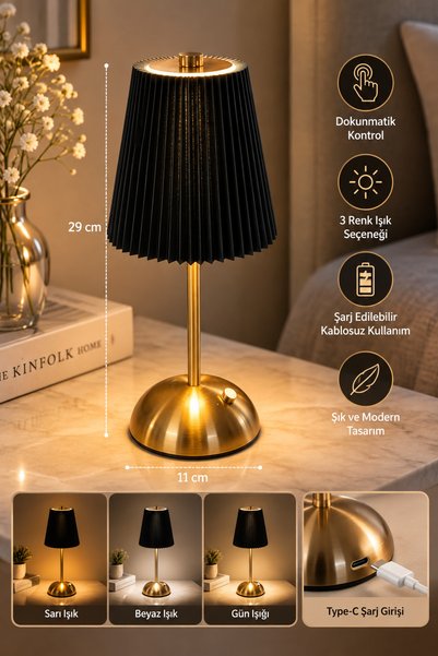 MAKRİ HOME Şarjlı Dekoratif Masa Lambası Pileli Desenli Abajur USB Şarjlı Met...