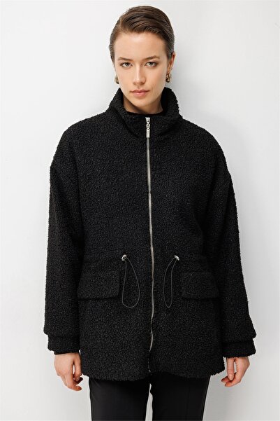 Ekol Women's Teddy Fabric Coat with Elastic Waist in Black