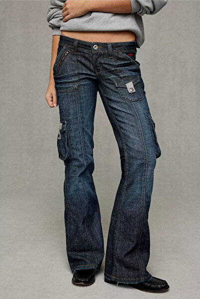 Messy Girls Kadın Düşük Bel Cargo Cepli İspanyol Paça Jean Pantolon Y2K Flare...