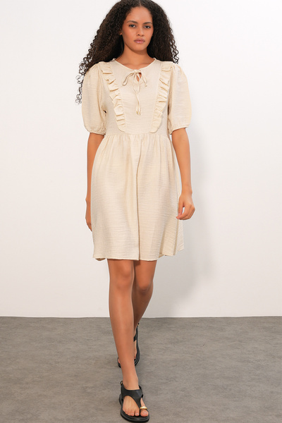 Modamorfo Women's Tie Collar Short Sleeve Gathered Dress 2600 - Cream