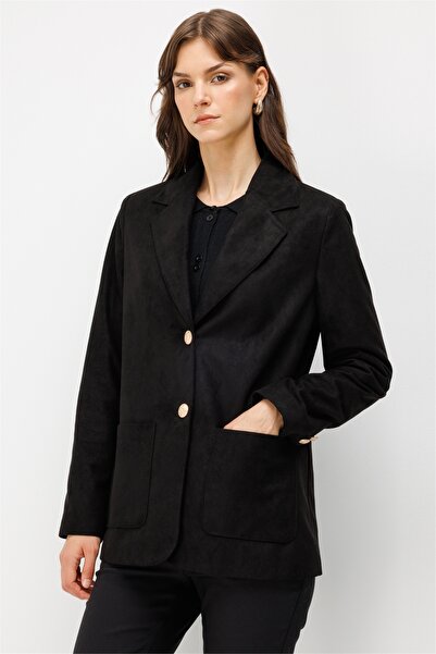 Ekol Women's Suede Coat with Pocket Bag, Black
