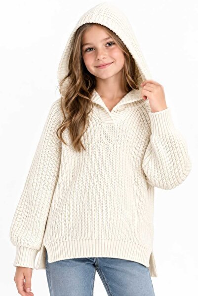Meriç bebe Girl's Hooded Knitted Sweater with Side Slits and Long Back in The...