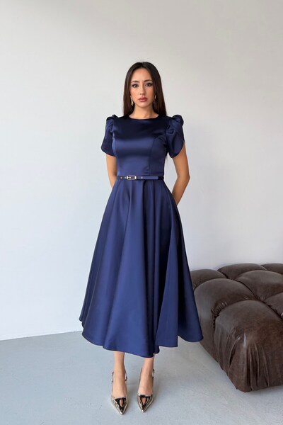 Serica Moda Μπλε ναυτικό μίντι σατέν βραδινό φόρεμα με μανίκια μπαλόνι και λε...