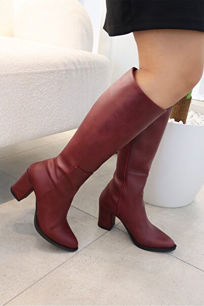 asmi shoes Women's Lamor Burgundy 7 cm Heeled Side Zipper Below the Knee Boot...