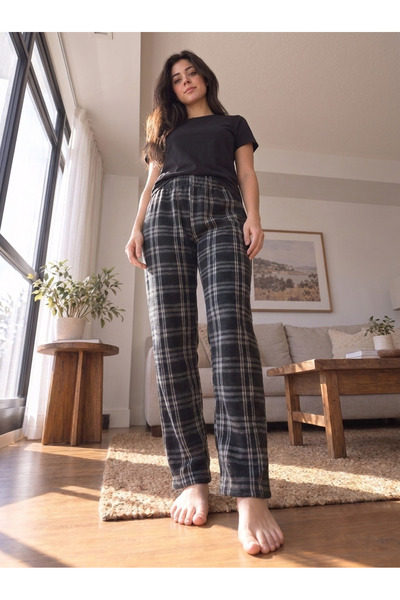 Yediler Tekstil Rahat Kalıp Yüksek Bel Baskılı Yumuşak Polar Pijama Altı