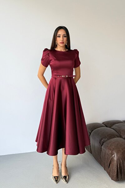 Serica Moda Βραδινό φόρεμα μίντι από σατέν με μανίκια μπαλόνι και λεπτή ζώνη ...