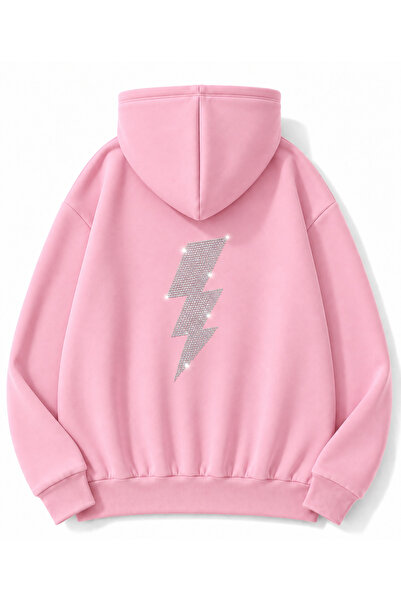 MOONBULL Unisex Şimşek Taş Sırt Baskılı Kanguru Cepli Kapüşonlu Oversize Sweatshirt