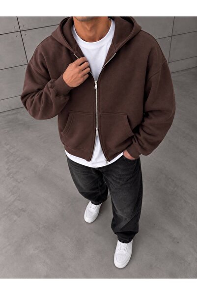 Erkek Oversize Fermuarlı Kapüşonlu Sweatshirt - Çift Yönlü Fermuar Hırka