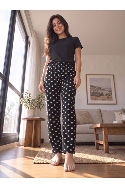 Yediler Tekstil Rahat Kalıp Yüksek Bel Baskılı Yumuşak Polar Pijama Altı
