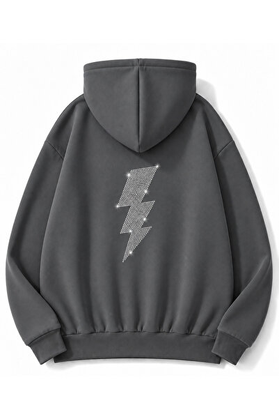 MOONBULL Unisex Şimşek Taş Sırt Baskılı Kanguru Cepli Kapüşonlu Oversize Sweatshirt
