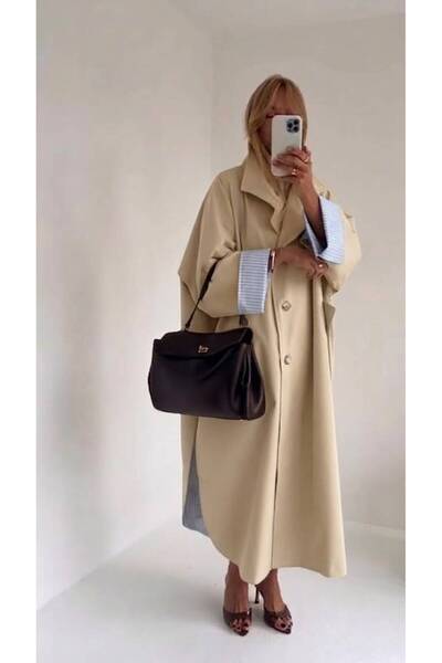 Olbia Women's Beige Oversize Lined Belted Design Trench Coat