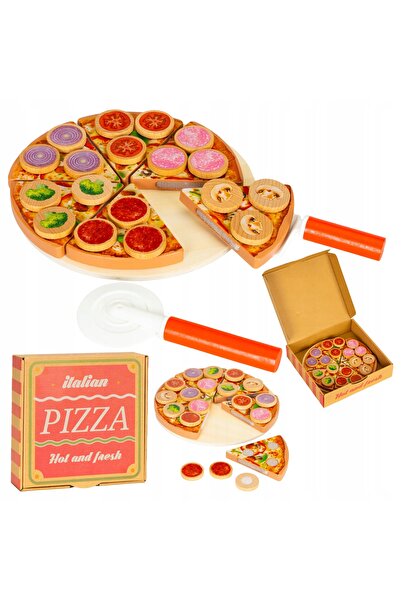 Ecotoys Pizza din lemn pentru tăiat, cu Velcro, pentru copii, 27 de piese