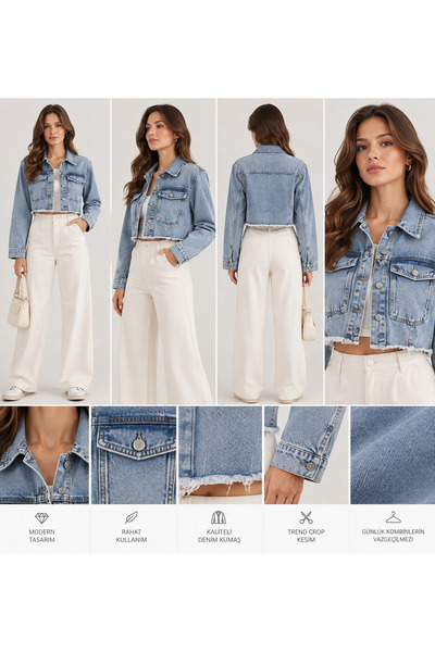 sira butik Kadın Açık Mavi Crop Denim Ceket – Püsküllü Kesim