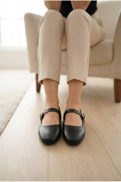 İncilaPearla Larin Women's Black Buckle Mary Jane Ballerina Flat Toe Casual Shoes
