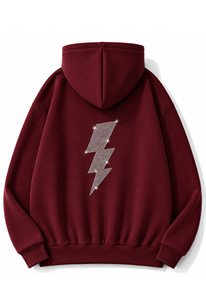 MOONBULL Unisex Şimşek Taş Sırt Baskılı Kanguru Cepli Kapüşonlu Oversize Sweatshirt