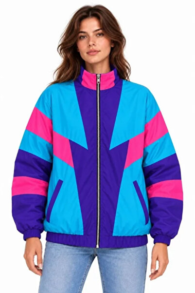 pazarella 80's Retro Wintage Digital Printed Zippered Windbreaker Seasonal Ja...