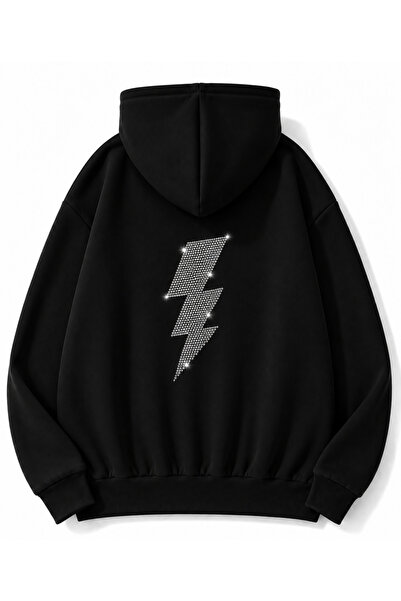 MOONBULL Unisex Şimşek Taş Sırt Baskılı Kanguru Cepli Kapüşonlu Oversize Sweatshirt