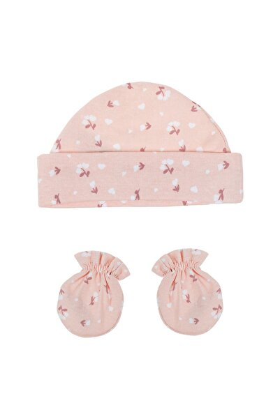 OEM Set din Bumbac cu Caciulita & Manusi Somon Floral pentru Nou Nascut