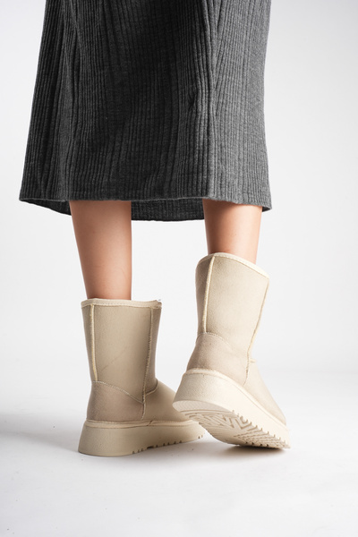 marceline Women's Beige Suede 5cm Thick Heeled Winter Casual Boots with Fur Inside