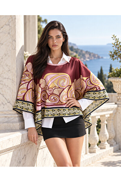 tarzınısec Choose Your Style Burgundy Gold Retro Spiral Patterned Satin Poncho 145 X 147 cm