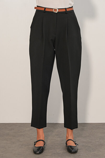 Modamorfo Women's Belted Fabric Trousers 30136 - Black