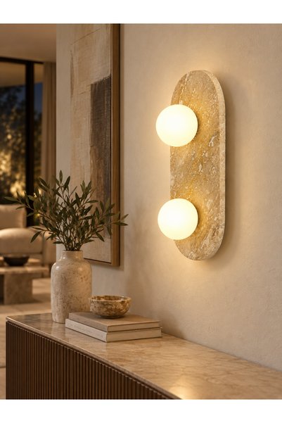 Snikstra Home Granit Mermer Gövdeli 2’li Opal Glop Camlı G9 Duvar Apliği