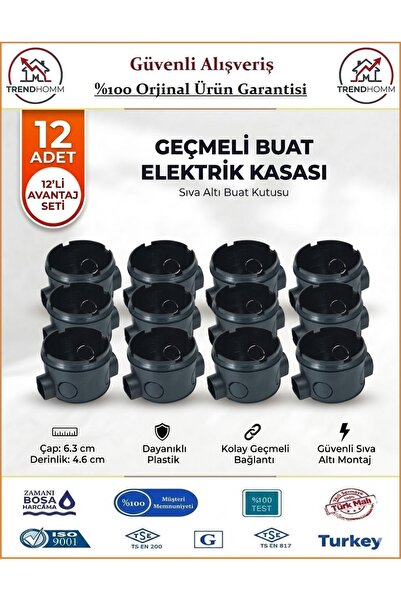 Trendhomm Geçmeli Anahtar Priz Kasası - Sıva Altı - Siyah - 12 Adet