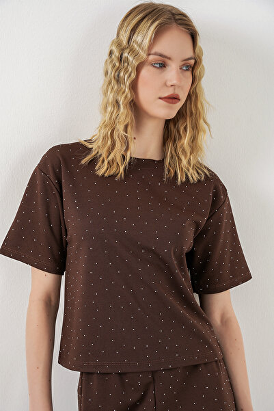 Modamorfo Women's Stoned T-Shirt and Pants Two-Piece Set 30105 - Brown