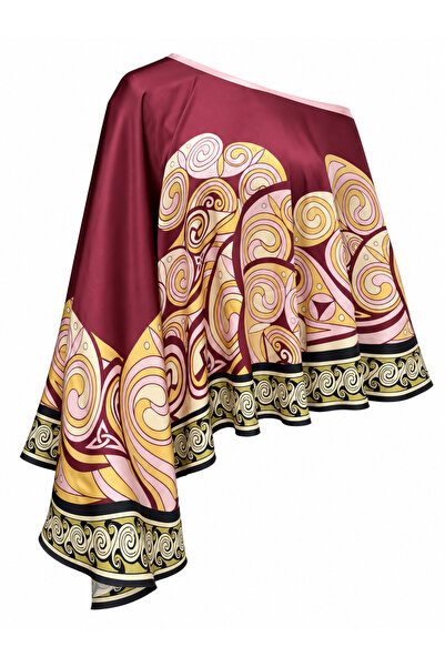 tarzınısec Choose Your Style Burgundy Gold Retro Spiral Patterned Satin Poncho 145 X 147 cm