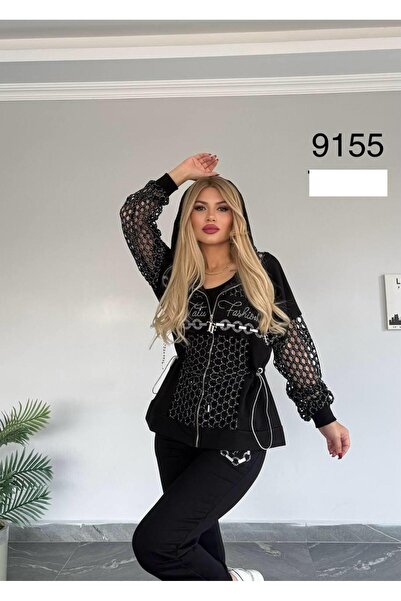 Kadın Kaliteli 2 iplik Taş Detaylı Kapüşonlu 3 Lü Takım