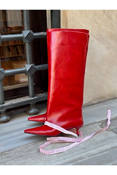 ERVANIN BUTİĞİ Red Skin (Veray) XL Oversize Thick Calf 5 cm Mini Heel Boots