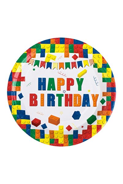 OEM Farfurii de Petrecere din Carton Alb Caramizi Colorate Happy Birthday Ø18...