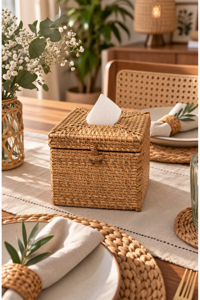 ipekbambuhome El Yapımı Doğal Rattan Hasır Peçetelik Kutu 13x13 cm