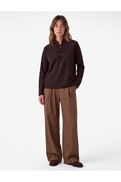 Koton Viscose Long Sleeve High Collar Decorated Buttoned T-Shirt