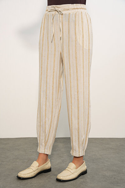 Modamorfo Women's Striped Linen Pants 30102 - Beige