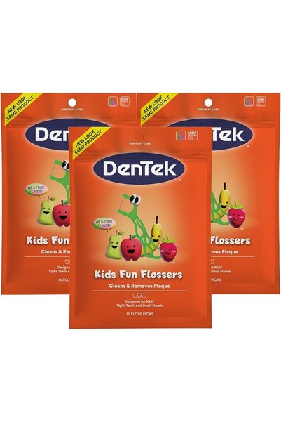 DENTEK خيط تنظيف الأسنان للأطفال، يزيل بقايا الطعام والجير، 75 قطعة، 3 عبوات