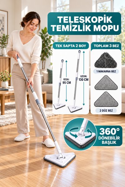 mrtbilisim Üçgen Mop Cam Duvar Tavan Fayans Parke Temizleyici Set Kısayıp Uza...