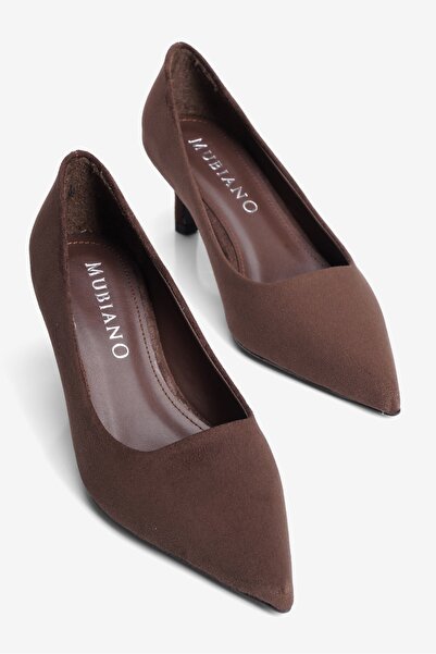 Mubiano Women's Suede Heeled Shoes Stiletto Pointed Toe Short Heeled Etta Brown