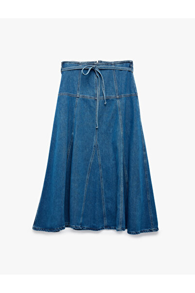 Koton Beli Bağcıklı Kloş Kesim Rahat Kalıp Volanlı Uzun Denim Etek