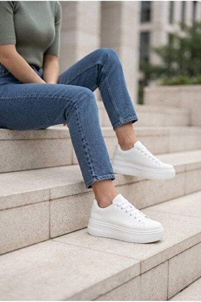 İncilaPearla Viona Women's White Lace-Up Thick Sole Platform Casual Sneaker S...