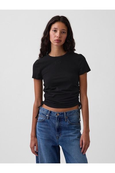 GAP Kadın Siyah CloseKnit Jersey Logo Ruched Side-Tie T-Shirt
