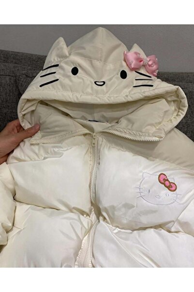 Hello Kitty Detaylı Kulaklı ve Kurdeleli Krem Kadın Şişme Mont