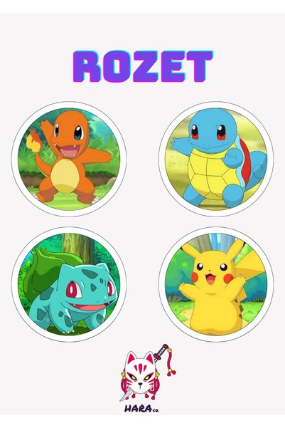 Hara Company Pokemon Pikachu, Bulbasaur, Charmander ve Squirtle Rozet Seti / ...