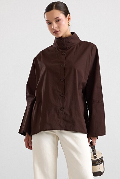 Olcay Shirt with a High Collar and Loose Fit Brown 9486