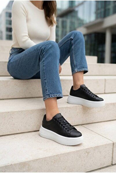 İncilaPearla Viona Women's Black Lace-Up Thick Sole Casual Sneaker Sports Shoes
