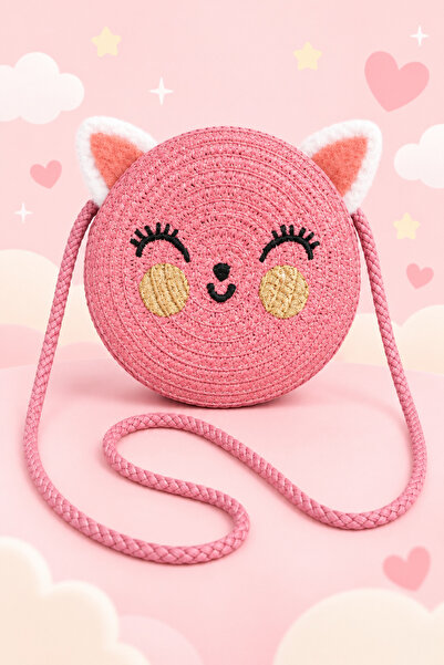 synshop Fuchsia Pink Girls' Cat Soft Furry Ear Round Straw Shoulder Bag Straw...